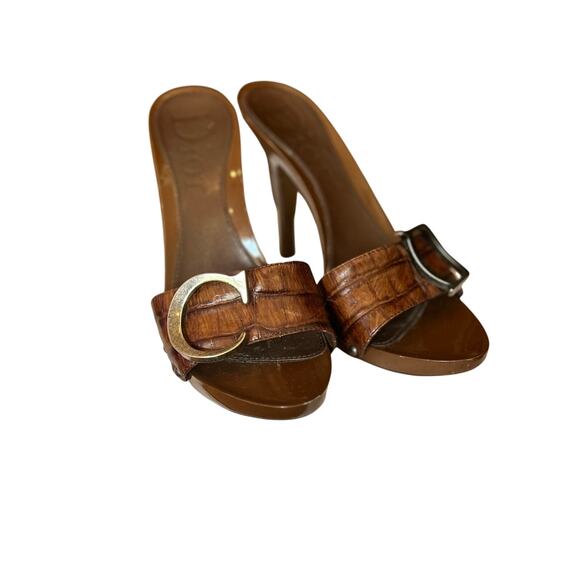 Vintage Dior C D Mule Heels Brown Croc Leather Buckle Sandals Size 36.5 - Picture 4 of 10